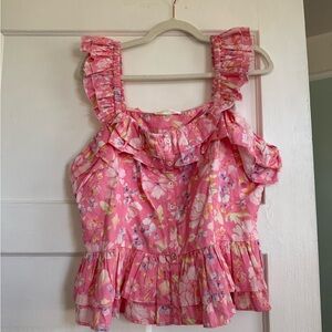 LOVESHACKFANCY XL Floral Pink cotton Ruffled Blouse